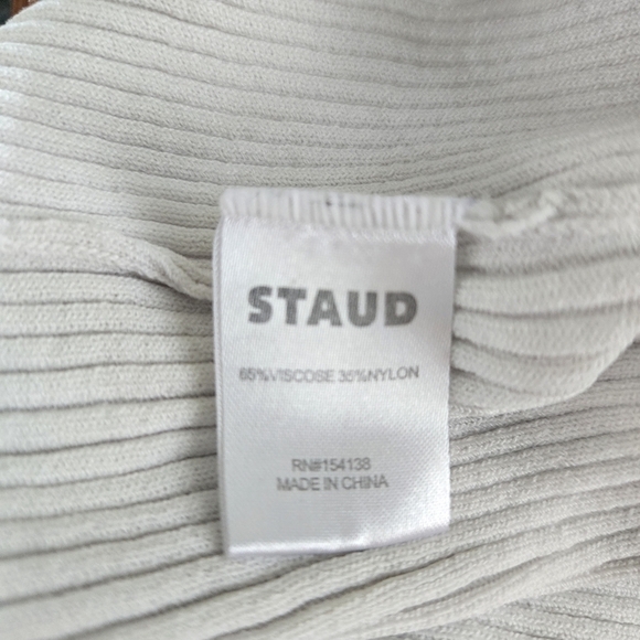 New Staud Dana Ribbed Knit V-Neck Sleeveless Tan/White Midi Dress NWOT Medium - Picture 11 of 16